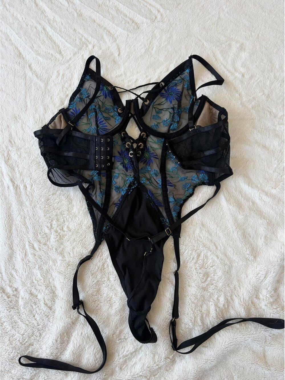 Black Sheer Floral Embroidered Lingerie Bodysuit with Garter